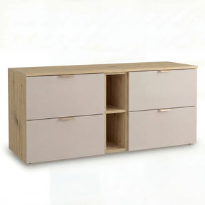 Dulap pentru lavoar Orio 140 cm Cașmir/Stejar Artizanal cu 4 sertare Soft-Close, raft deschis lateral și blat decor stejar pentru baie modernă.