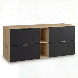 Dulap pentru lavoar Orio 140 cm Negru/Stejar Artizanal cu 4 sertare Soft-Close, raft deschis și blat decor lemn, pentru baie modernă.