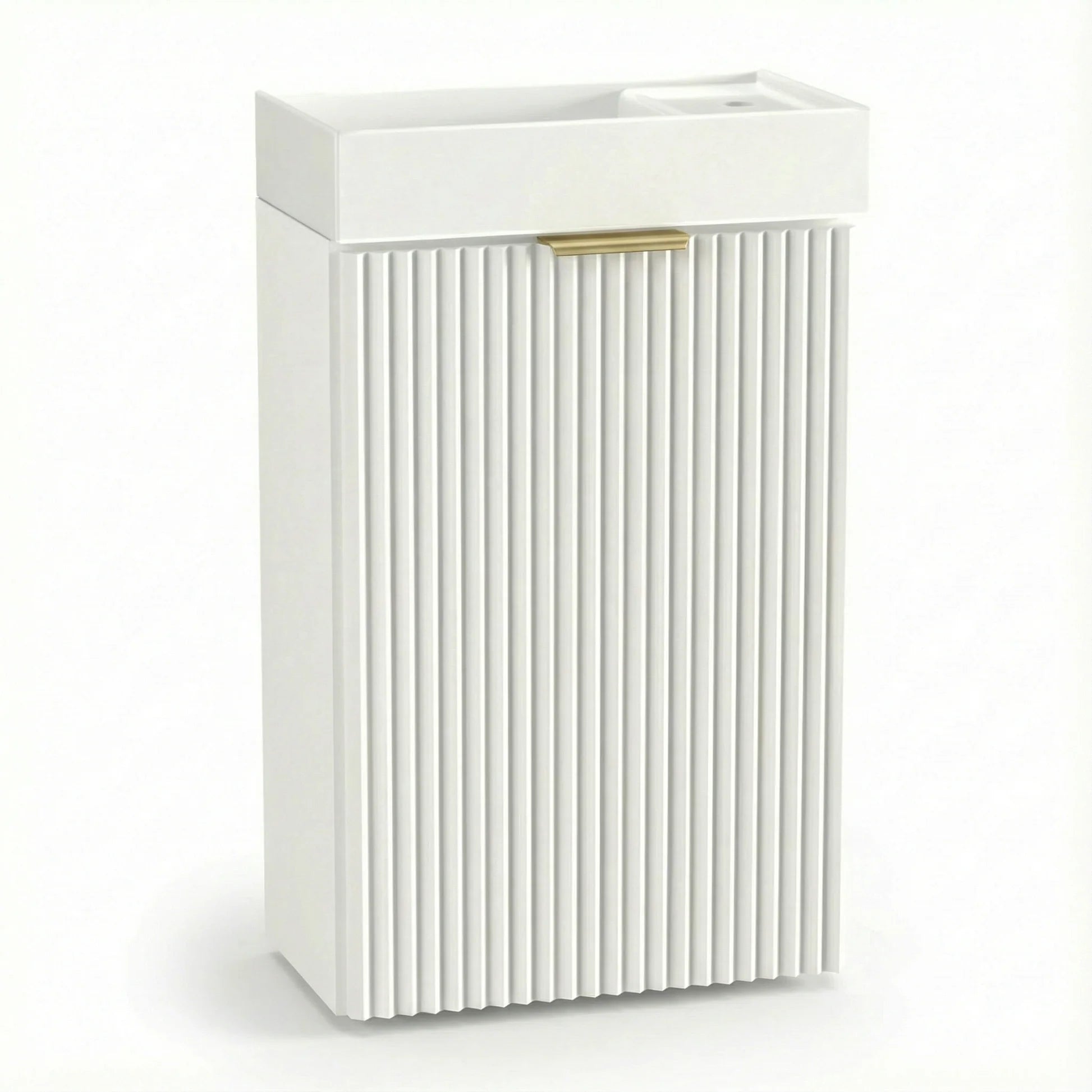 Dulap pentru lavoar Willy 40 cm Alb cu chiuvetă ceramică și 1 ușă, fronturi canelate și design compact modern pentru băi mici și elegante.