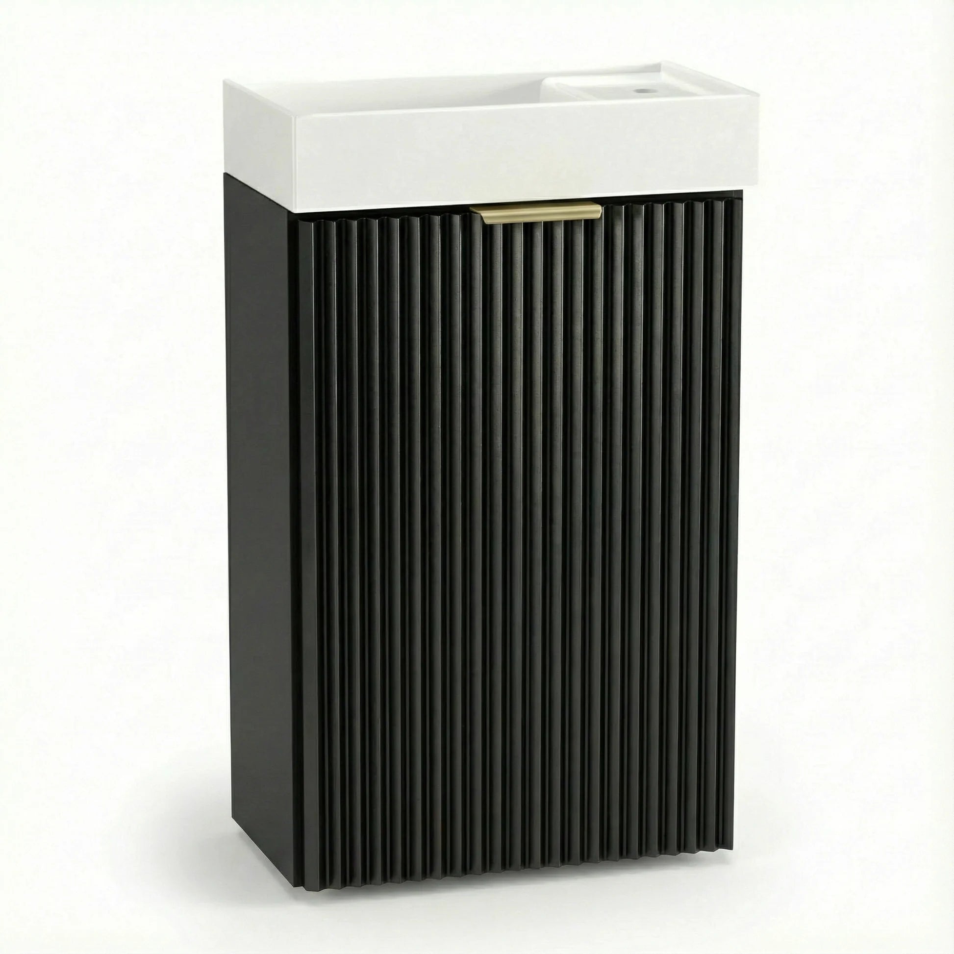 Dulap pentru lavoar Willy 40 cm Negru cu chiuvetă ceramică și 1 ușă, fronturi canelate și design modern compact pentru băi mici și elegante.