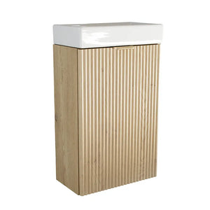 Dulap pentru lavoar Willy 40 cm Stejar Cremona cu chiuvetă ceramică inclusă, front riflat din MDF și design compact pentru băi mici