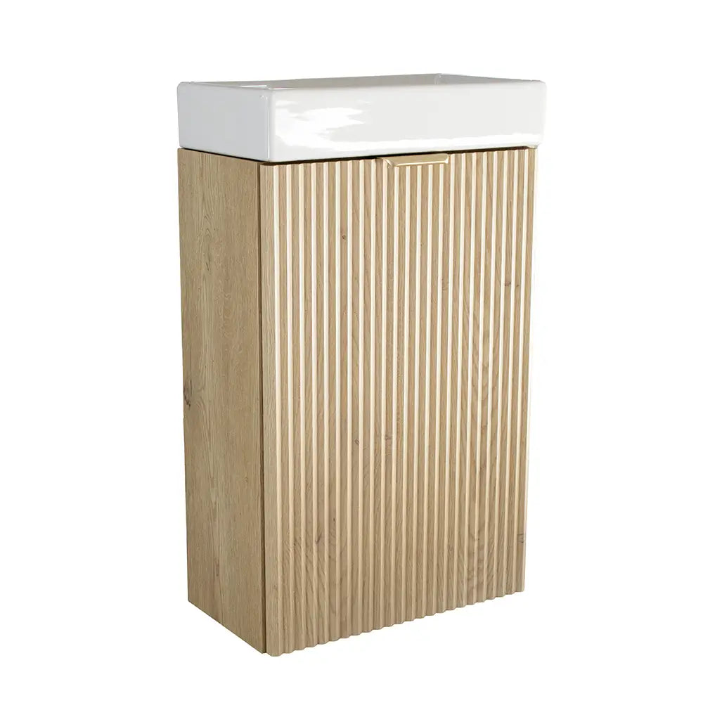 Dulap pentru lavoar Willy 40 cm Stejar Cremona cu chiuvetă ceramică inclusă, front riflat din MDF și design compact pentru băi mici