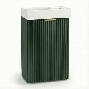 Dulap pentru lavoar Willy 40 cm Verde Salvie cu chiuvetă ceramică și 1 ușă, fronturi canelate și design modern compact, ideal pentru băi mici și elegante.