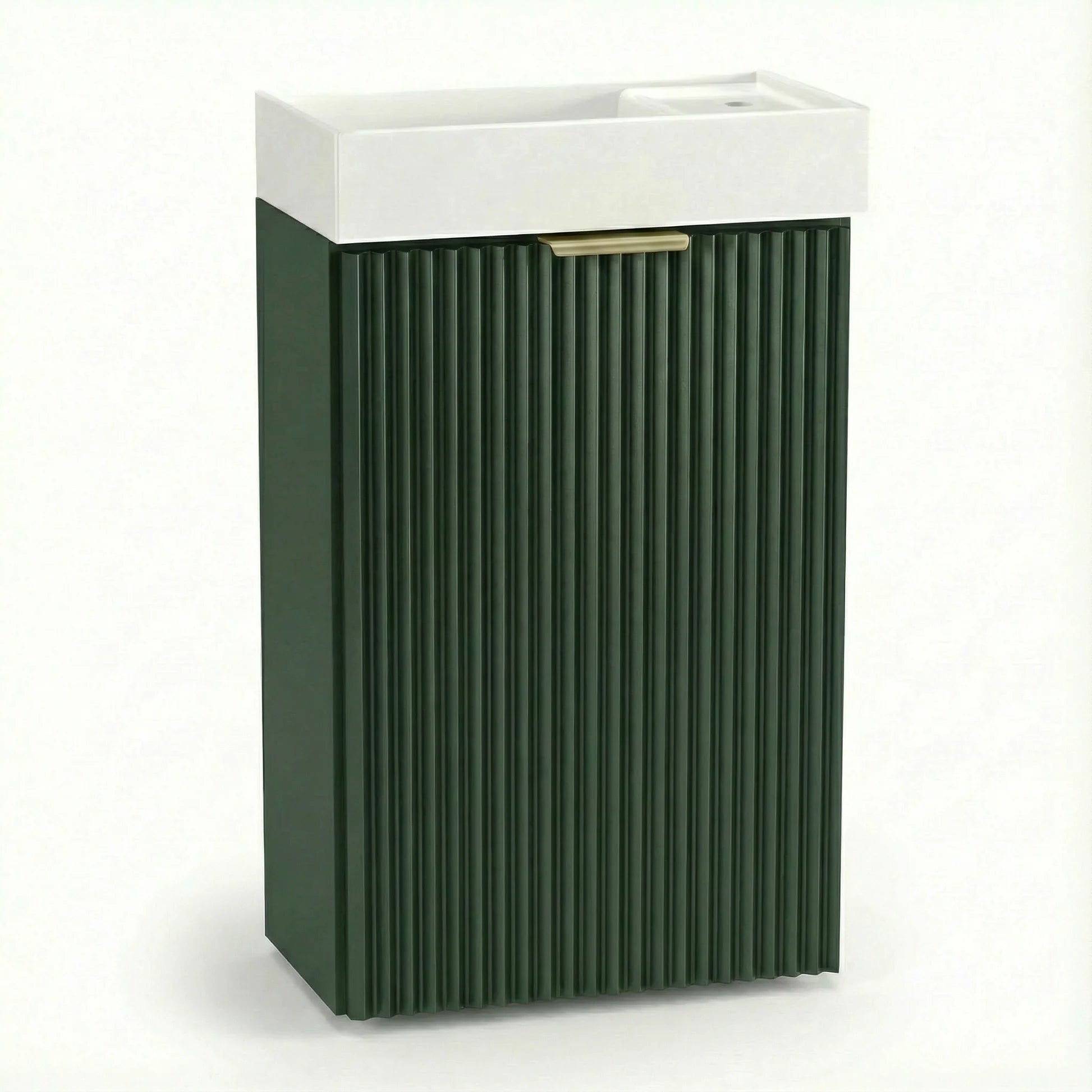 Dulap pentru lavoar Willy 40 cm Verde Salvie cu chiuvetă ceramică și 1 ușă, fronturi canelate și design modern compact, ideal pentru băi mici și elegante.
