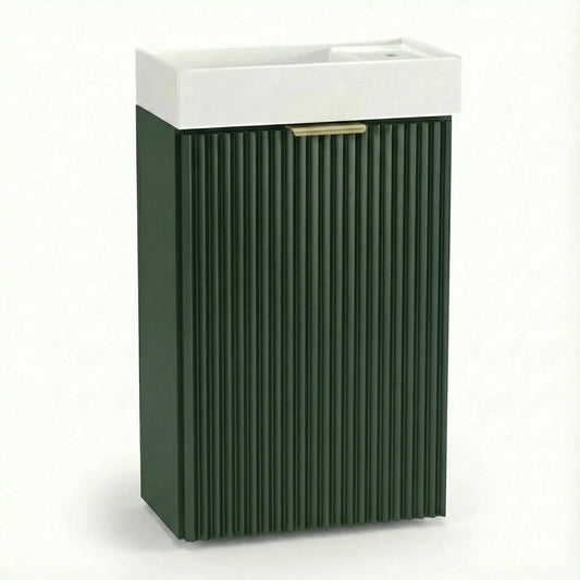 Dulap pentru lavoar Willy 40 cm Verde Salvie cu chiuvetă ceramică și 1 ușă, fronturi canelate și design modern compact, ideal pentru băi mici și elegante.