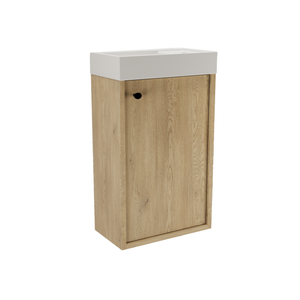 Dulap pentru lavoar Belino 40 cm stejar cremona cu chiuvetă ceramică, 1 ușă și design compact modern.
