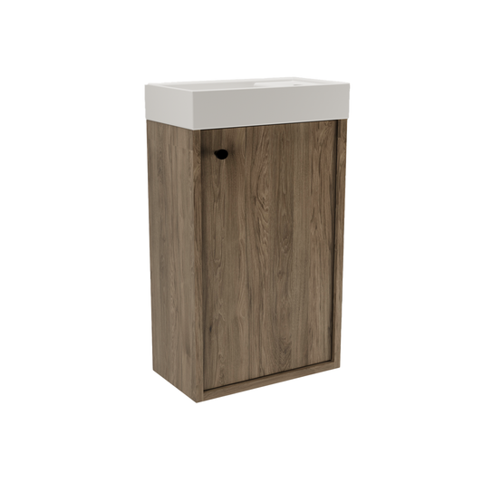 Dulap Belino 40 cm cu chiuvetă ceramică, Nuc Închis, design modern și compact, perfect pentru băi mici, minimaliste sau spații cu loc limitat.