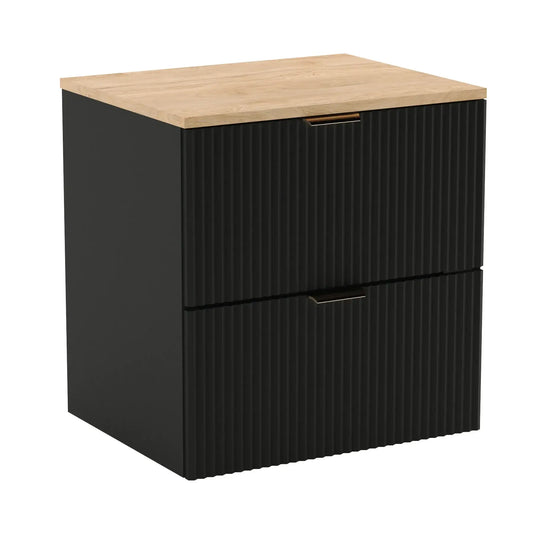 Dulap pentru lavoar Willy 60 cm negru cu blat din Nuc – mobilier modern, elegant și funcțional pentru băi mici.
