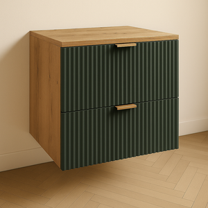 Dulap pentru lavoar Willy 60 cm verde salvie/nuc cu fronturi striate – mobilier modern, elegant și practic pentru băi mici.