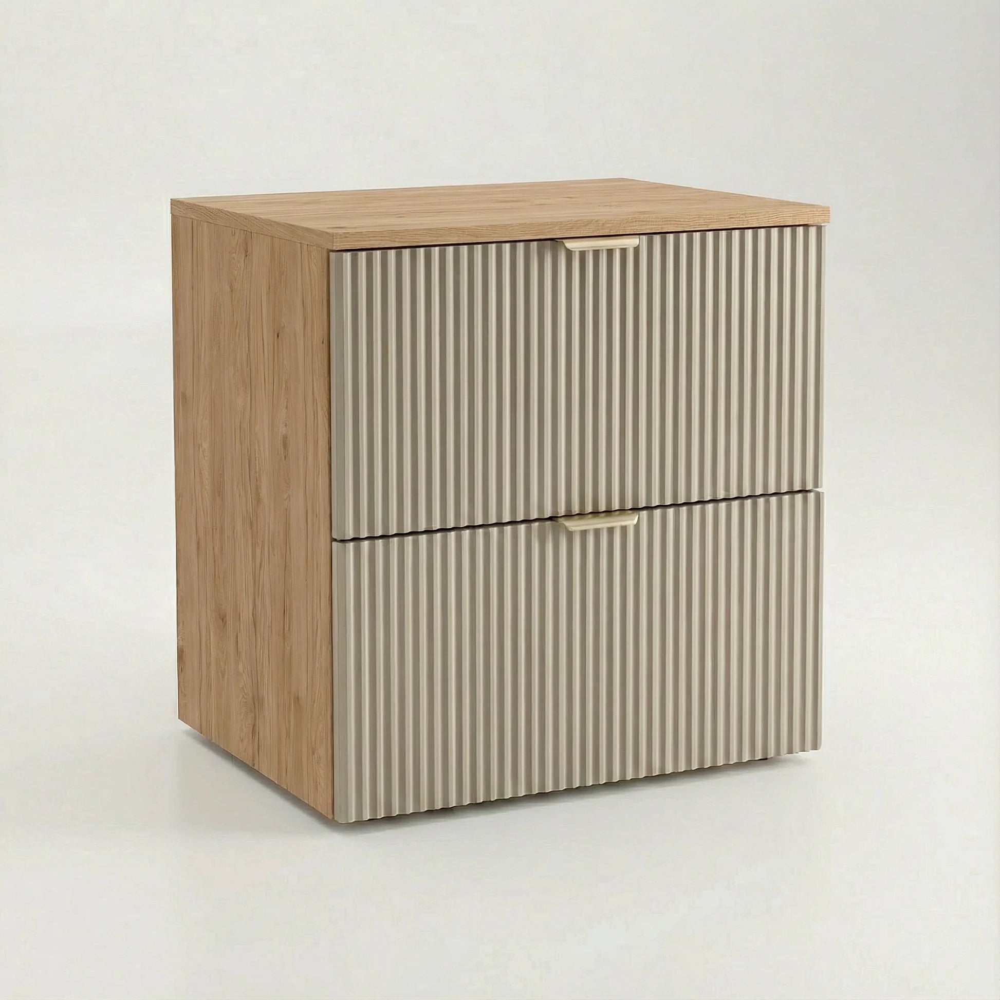 Dulap pentru lavoar Willy 60 cm cașmir/nuc cu fronturi canelate și două sertare, mobilier modern compact pentru baie.