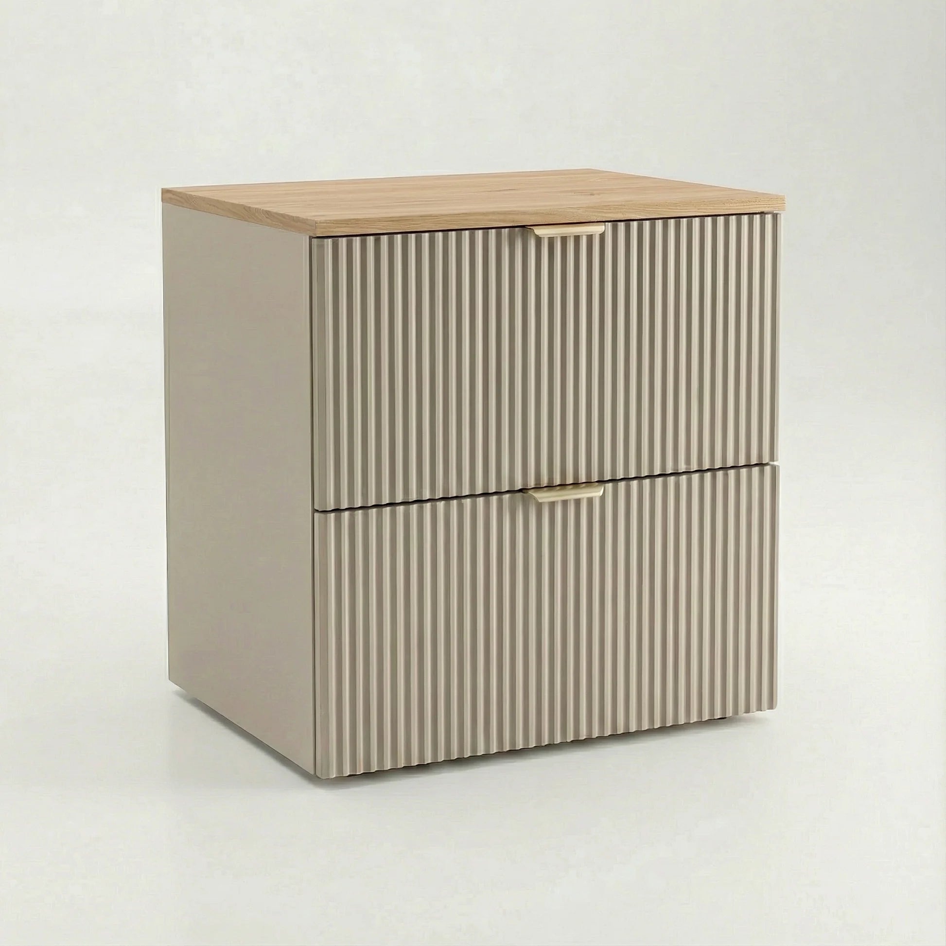 Dulap pentru lavoar Willy 60 cm cașmir/nuc cu blat decor lemn și fronturi canelate, mobilier modern pentru baie elegantă.