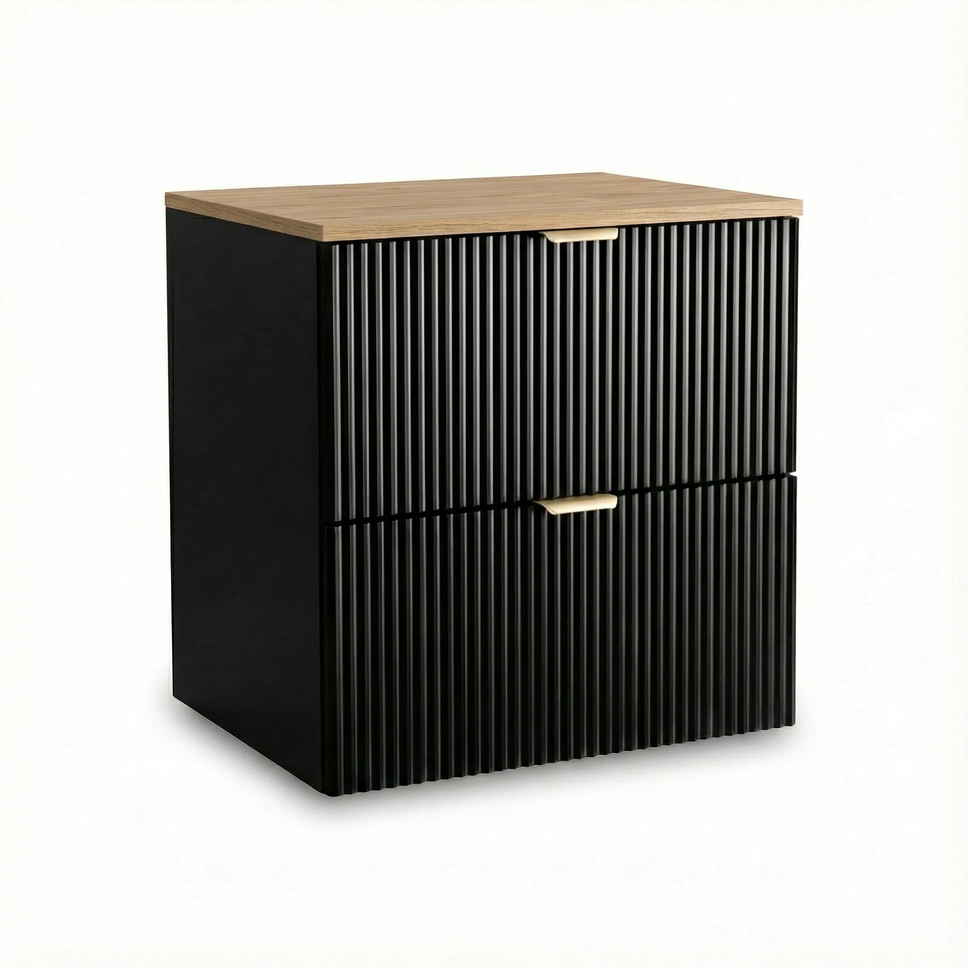 Dulap pentru lavoar Willy 60 cm în finisaj Negru/Nuc top, cu 2 sertare spațioase și fronturi canelate din MDF de 18 mm. Corp din PAL laminat, design suspendat și detalii elegante pentru băi moderne.