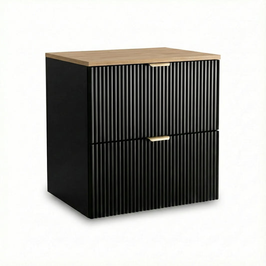 Dulap pentru lavoar Willy 60 cm în finisaj Negru/Nuc top, cu 2 sertare spațioase și fronturi canelate din MDF de 18 mm. Corp din PAL laminat, design suspendat și detalii elegante pentru băi moderne.