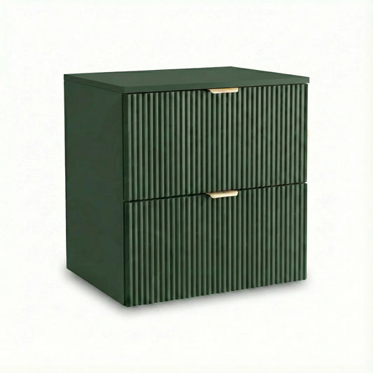 Dulap pentru lavoar Willy 60 cm Verde cu 2 sertare spațioase, fronturi canelate și design suspendat modern. Sistem Soft-Close și spațiu eficient pentru organizarea băii.