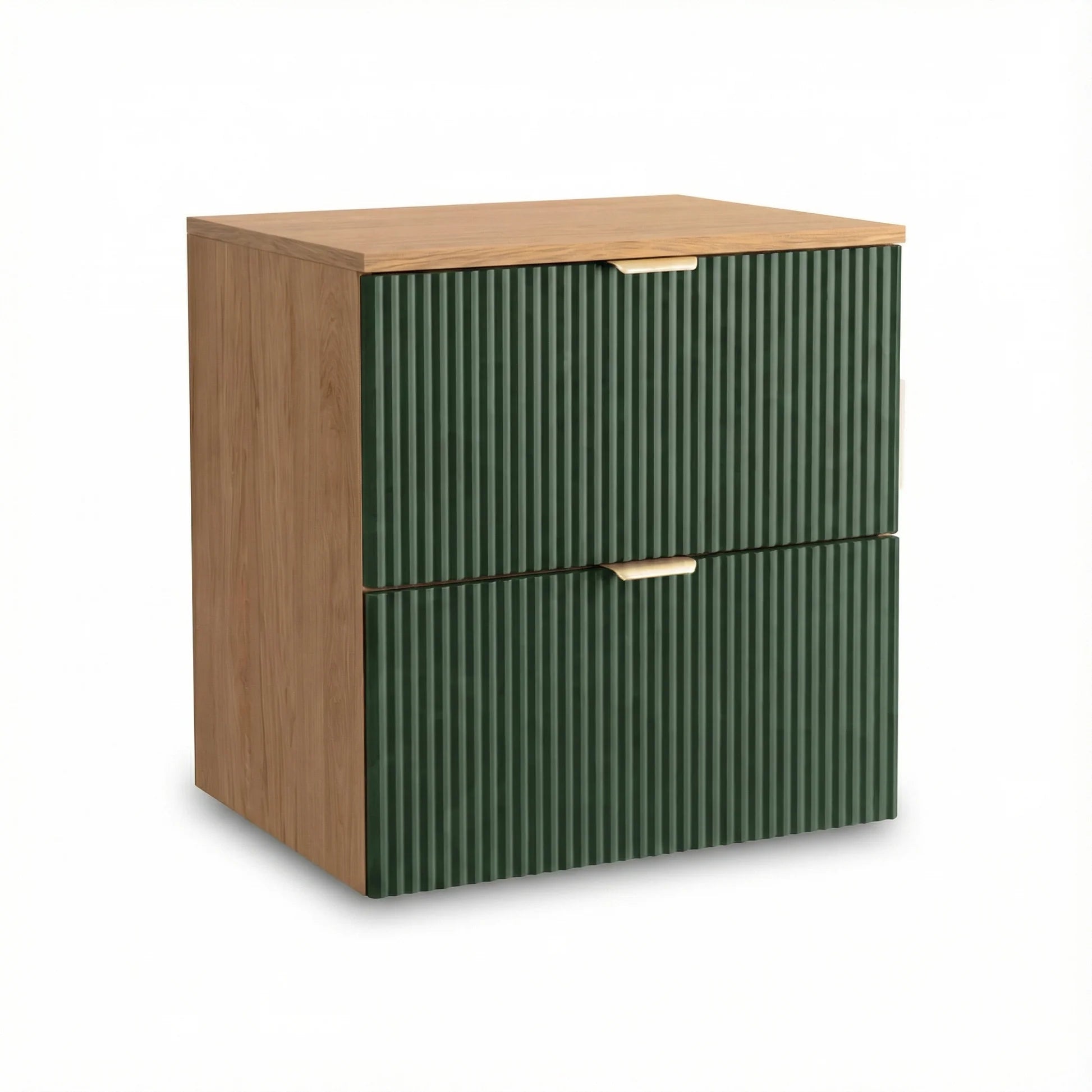 Dulap pentru lavoar Willy 60 cm Verde salvie/Nuc cu 2 sertare spațioase, fronturi canelate din MDF și mânere metalice. Design suspendat modern, spațiu practic și finisaj natural elegant.