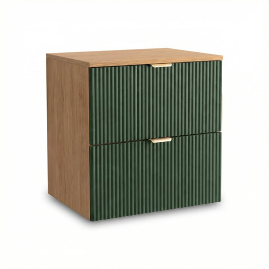 Dulap pentru lavoar Willy 60 cm Verde salvie/Nuc cu 2 sertare spațioase, fronturi canelate din MDF și mânere metalice. Design suspendat modern, spațiu practic și finisaj natural elegant.