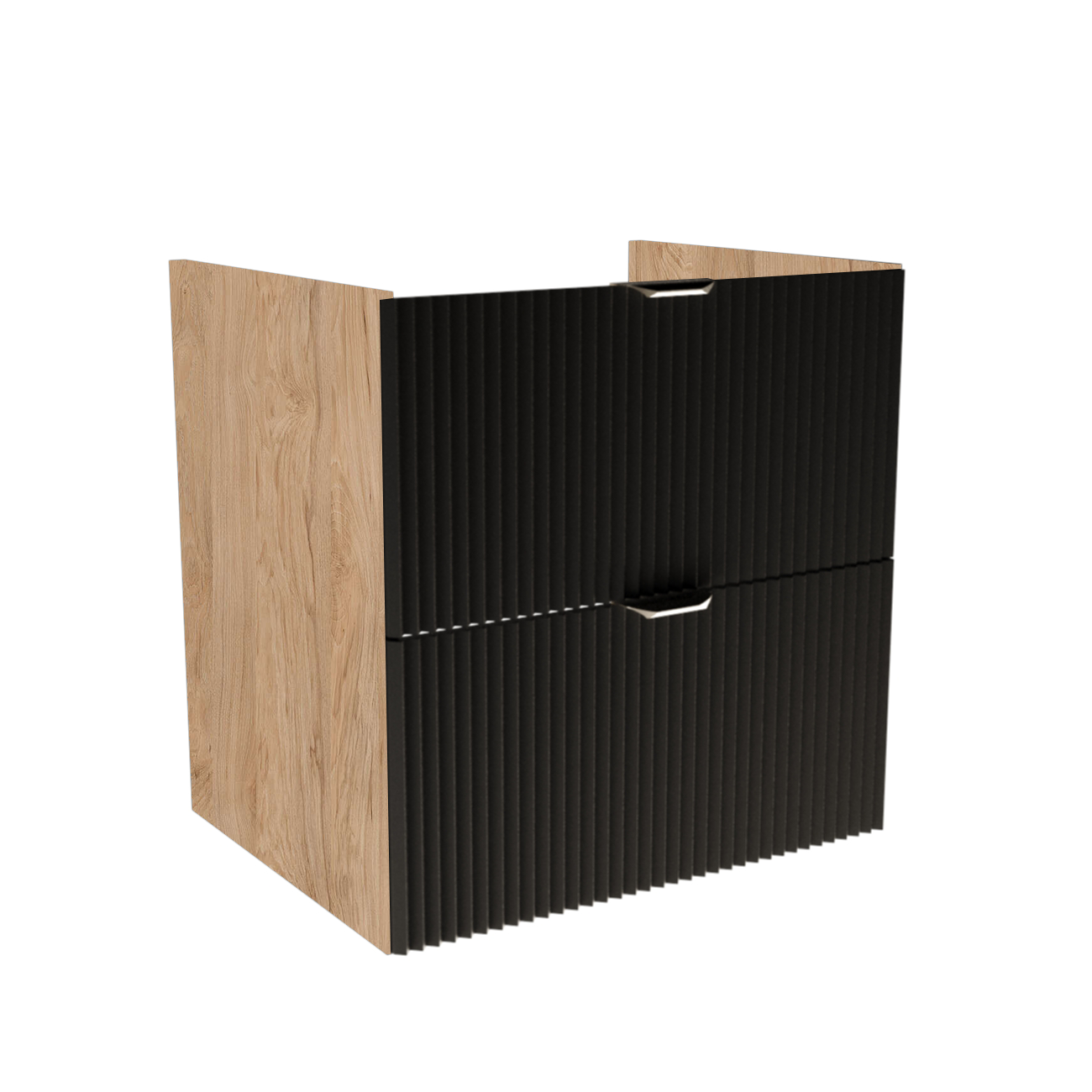 Dulap pentru lavoar Willy 60 cm Negru/Nuc, 2 sertare canelate, design modern pentru baie, fără blat, spațiu practic și finisaj elegant.