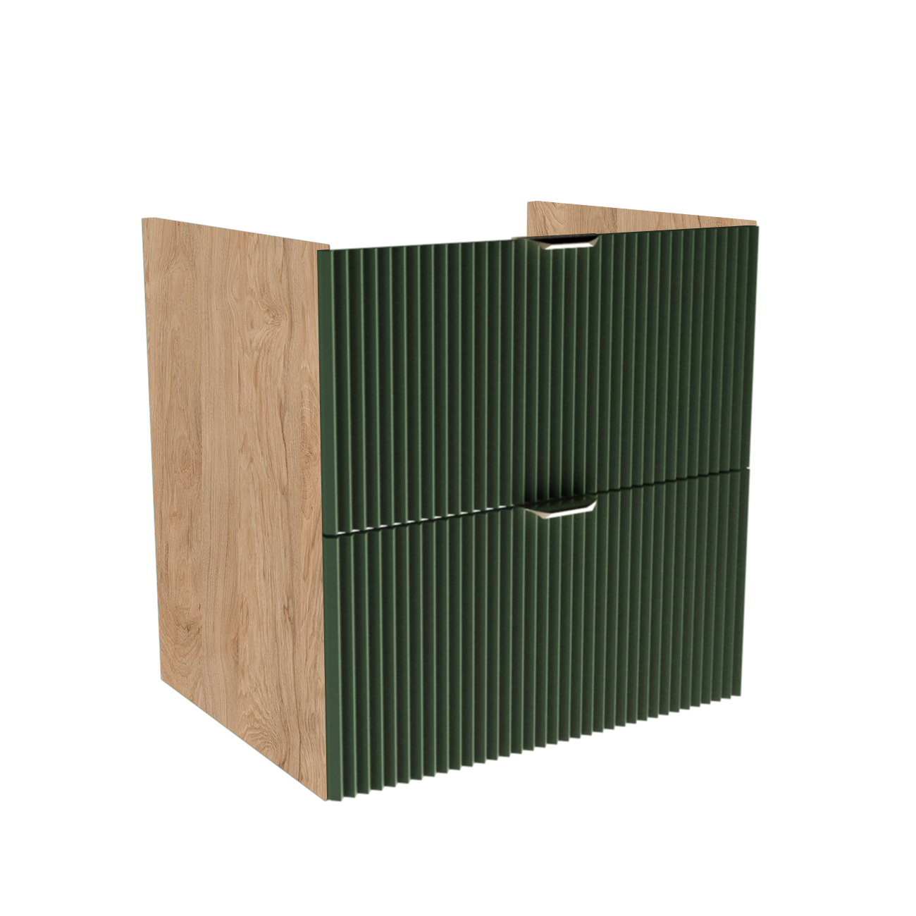Dulap pentru lavoar Willy 60 cm verde salvie și nuc, cu 2 sertare canelate, design modern pentru baie.