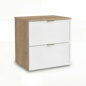 Dulap pentru lavoar Roma 60 cm, finisaj Alb/Stejar Cremona, cu 2 sertare, fronturi MDF cu ramă decorativă, sistem Soft-Close și decupaj pentru sifon.
