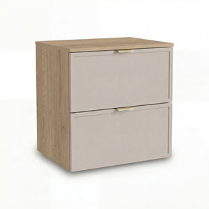 Dulap pentru lavoar Roma 60 cm, finisaj Cașmir/Stejar Cremona, cu 2 sertare, fronturi MDF cu ramă decorativă, sistem Soft-Close și decupaj pentru sifon.