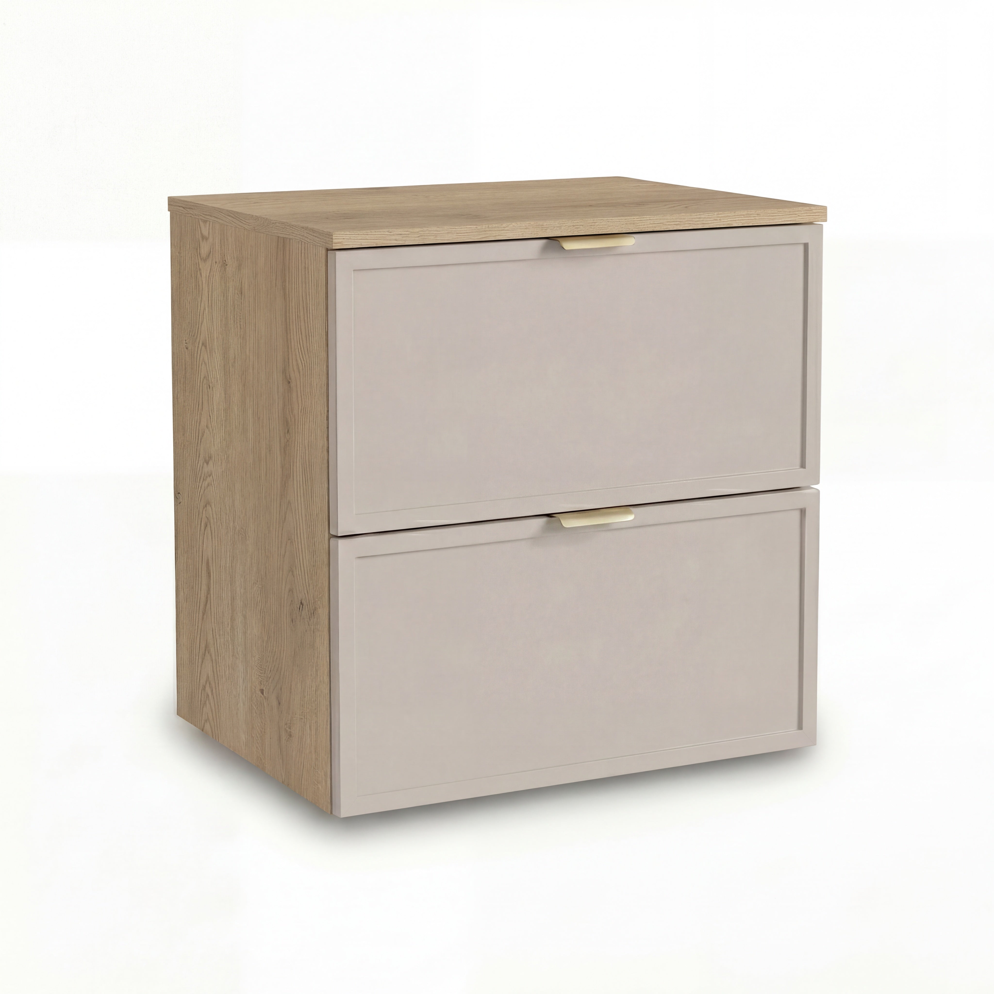 Dulap pentru lavoar Roma 60 cm, finisaj Cașmir/Stejar Cremona, cu 2 sertare, fronturi MDF cu ramă decorativă, sistem Soft-Close și decupaj pentru sifon.