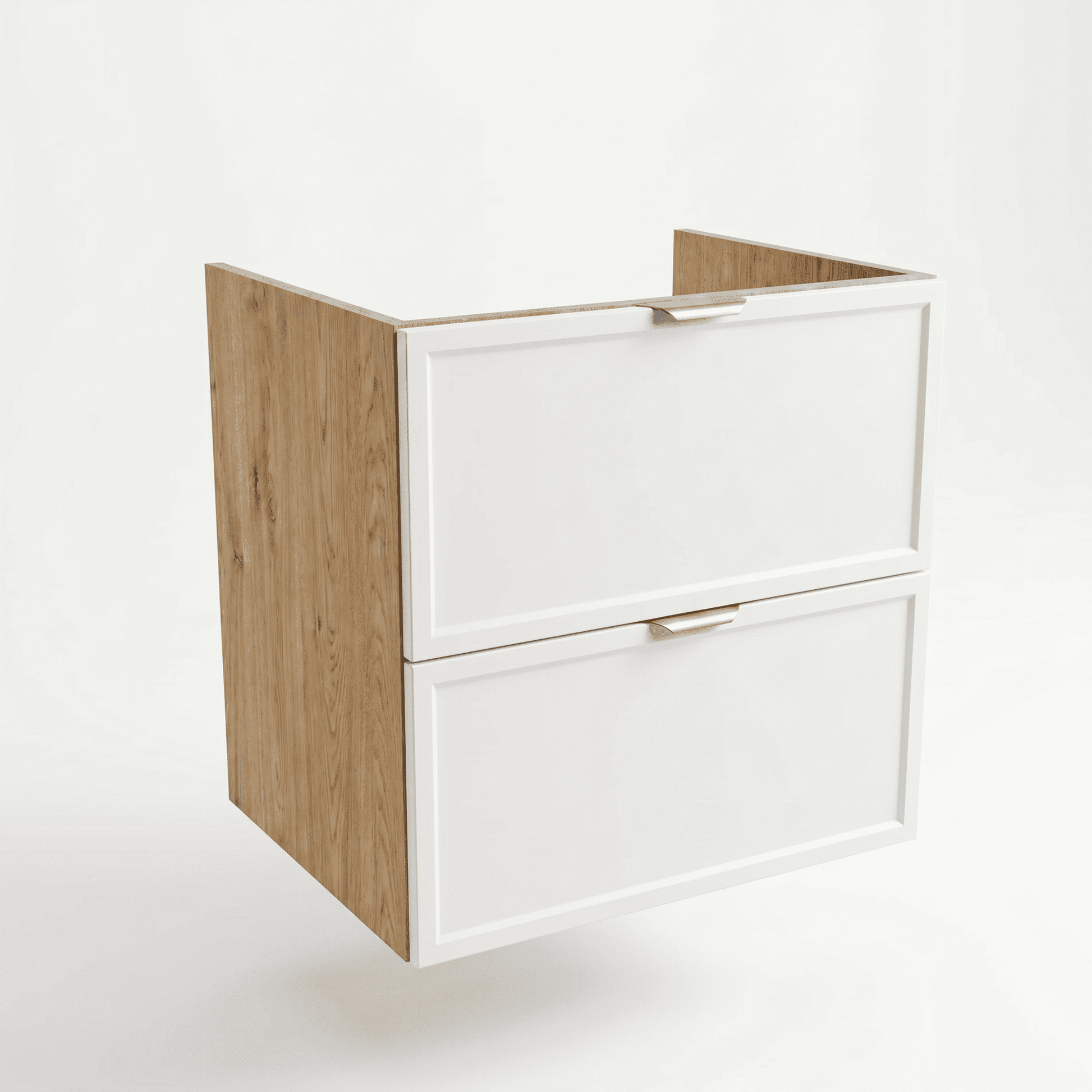 Dulap pentru lavoar Roma 60 cm Alb/Stejar Cremona, 2 sertare, fronturi cu ramă decorativă, design modern și funcțional pentru baie.