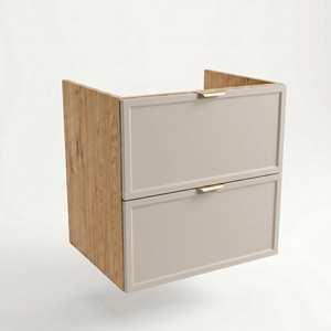 Dulap pentru lavoar Roma 60 cm Cașmir/Stejar Cremona, 2 sertare, fronturi cu ramă decorativă, design modern și natural pentru baie.