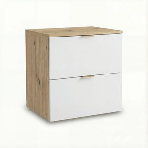 Dulap pentru lavoar Orio 60 cm Alb/Stejar Artizanal, cu 2 sertare și fronturi netede. Design modern, luminos și spațiu practic de depozitare pentru baie.