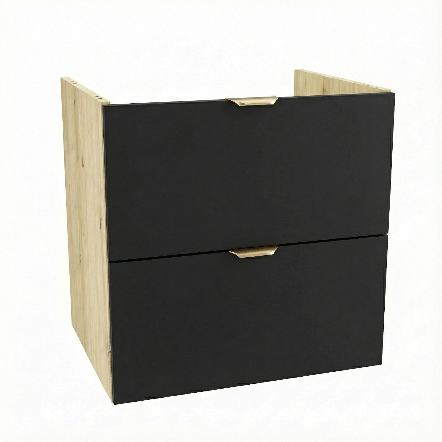 Dulap pentru lavoar Orio 60 cm cu 2 sertare, fronturi netede Negru și corp Stejar artizanal, mobilier de baie modern fără blat, design compact elegant.