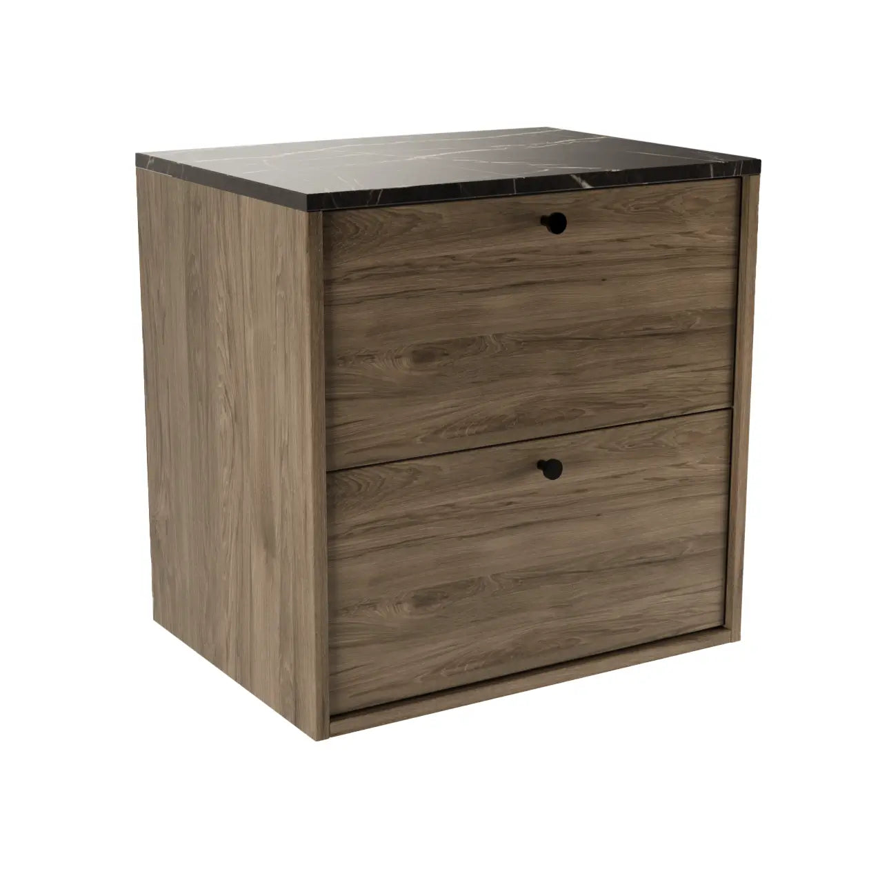 Dulap pentru lavoar Belino 60 cm nuc închis cu blat marmură neagră, 2 sertare și design modern compact.