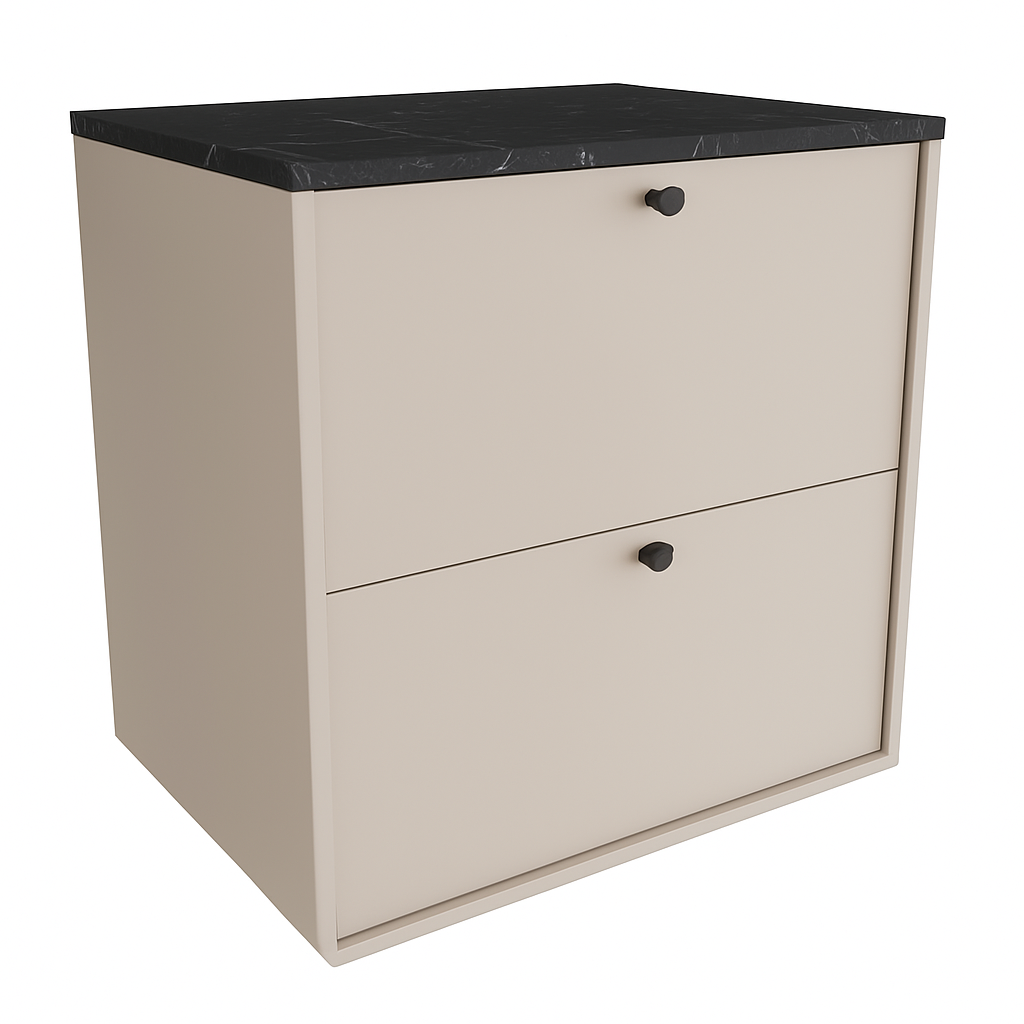 Dulap Belino 60 cm pentru lavoar, Casmir cu blat marmură Negru, design modern și elegant, 2 sertare Soft-Close, perfect pentru băi rafinate și moderne.