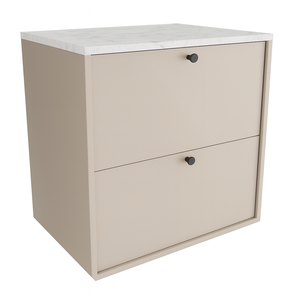 Dulap Belino 60 cm pentru lavoar, Casmir cu blat marmură Alba, design modern și elegant, 2 sertare Soft-Close, perfect pentru băi luminoase și contemporane.
