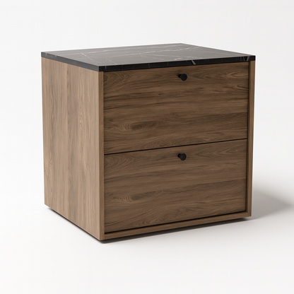 Dulap Belino 60 cm pentru lavoar, Nuc Închis cu blat Marmo Negru, design modern și elegant, 2 sertare Soft-Close, perfect pentru băi stilate și rafinate.