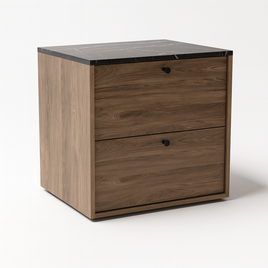 Dulap Belino 60 cm pentru lavoar, Nuc Închis cu blat Marmo Negru, design modern și elegant, 2 sertare Soft-Close, perfect pentru băi stilate și rafinate.