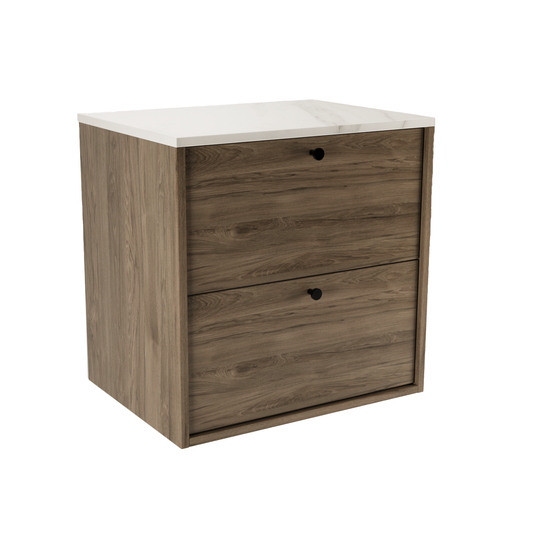 Dulap Belino 60 cm pentru lavoar, Nuc Închis cu blat Marmo Bianco, design modern și elegant, 2 sertare Soft-Close, perfect pentru băi stilate.