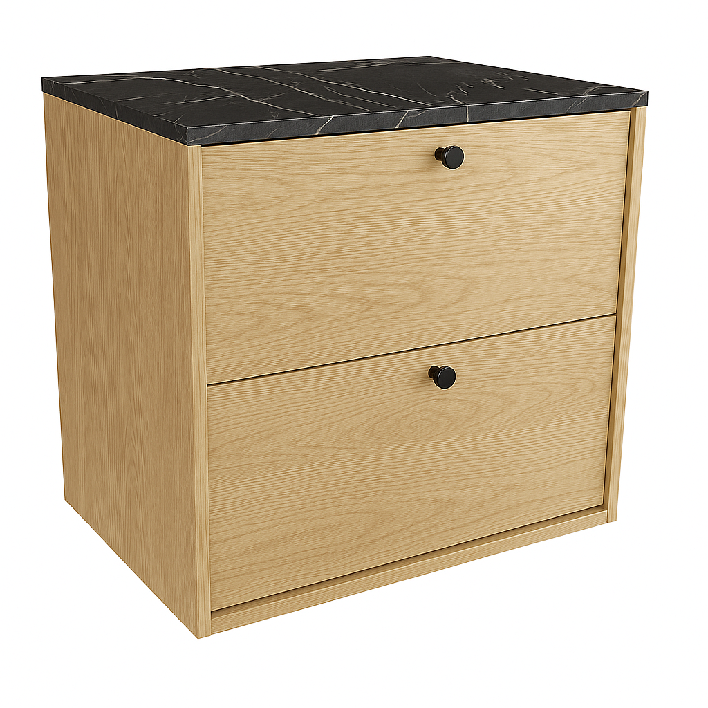 Dulap Belino 60 cm pentru lavoar, Casmir cu blat Marmo Negru, design modern și elegant, 2 sertare Soft-Close, perfect pentru băi stilate și contemporane.