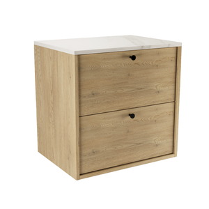 Dulap Belino 60 cm pentru lavoar, Stejar Cremona cu blat Marmo Bianco, design modern și elegant, 2 sertare Soft-Close, perfect pentru băi rafinate.