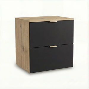 Dulap pentru lavoar Orio 60 cm Negru/Stejar Artizanal, cu 2 sertare și fronturi netede. Design modern, elegant și spațiu practic de depozitare pentru baie.