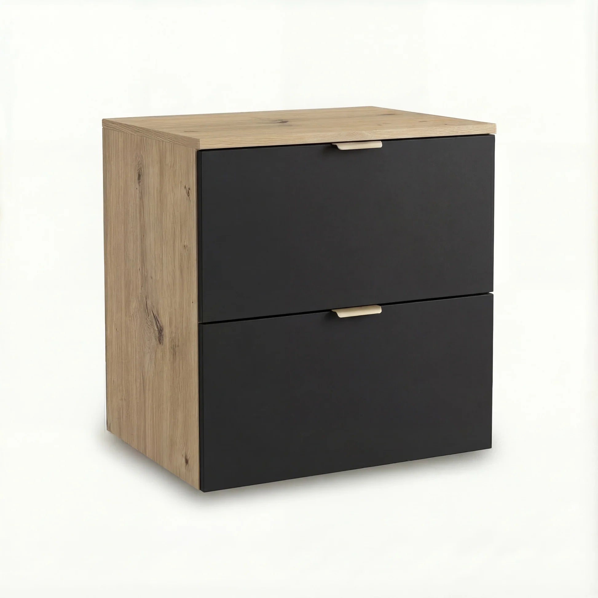 Dulap pentru lavoar Orio 60 cm Negru/Stejar Artizanal, cu 2 sertare și fronturi netede. Design modern, elegant și spațiu practic de depozitare pentru baie.
