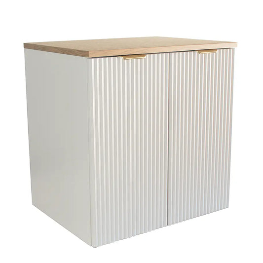 Dulap pentru lavoar Willy 60 cm Alb/Nuc Top cu 2 uși, fronturi canelate, mobilier modern de baie cu raft interior și blat în decor nuc