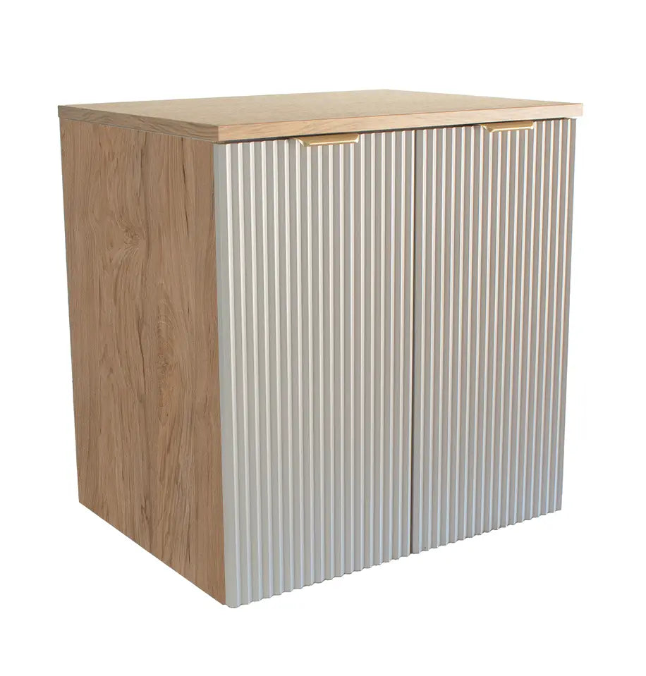 Dulap pentru lavoar Willy 60 cm Casmir/Nuc cu 2 uși, fronturi canelate, mobilier modern de baie cu raft interior și design elegant
