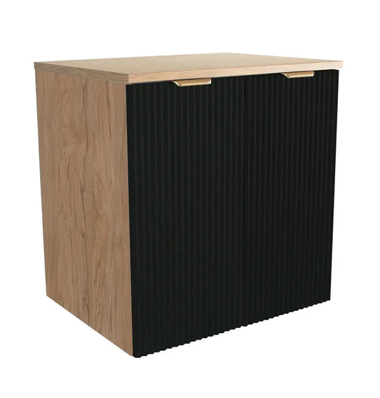 Dulap pentru lavoar Willy 60 cm Negru/Nuc cu 2 uși, fronturi canelate, mobilier modern de baie cu raft interior și design contrast elegant