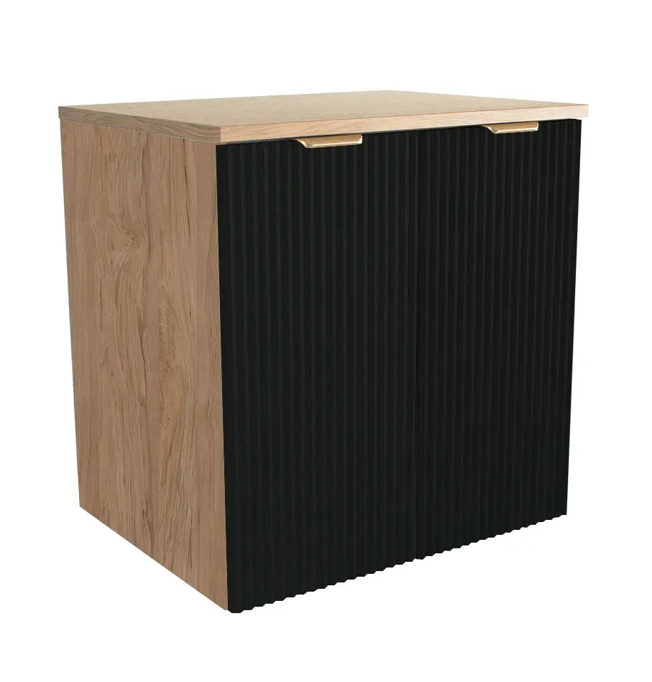 Dulap pentru lavoar Willy 60 cm Negru/Nuc cu 2 uși, fronturi canelate, mobilier modern de baie cu raft interior și design contrast elegant
