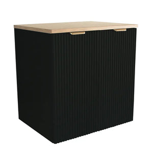 Dulap pentru lavoar Willy 60 cm Negru/Nuc cu 2 uși, fronturi canelate și blat din PAL laminat, design compact și modern pentru băi mici.