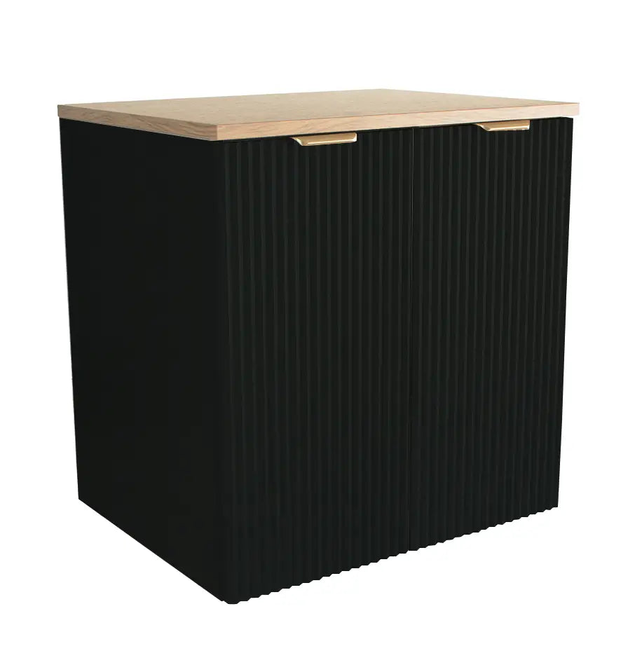 Dulap pentru lavoar Willy 60 cm Negru/Nuc cu 2 uși, fronturi canelate și blat din PAL laminat, design compact și modern pentru băi mici.