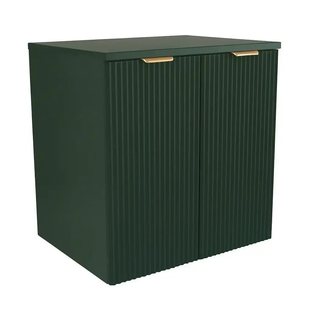 Dulap baie Willy 60 cm Verde, 2 uși Soft-Close, fronturi MDF canelate, design modern natural pentru spații elegante.