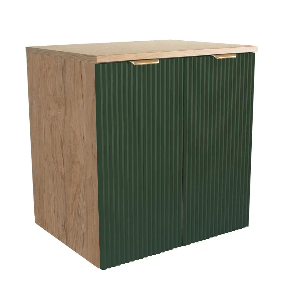 Dulap baie Willy 60 cm Verde/Nuc cu 2 uși Soft-Close, fronturi canelate și design modern natural, ideal pentru băi elegante.