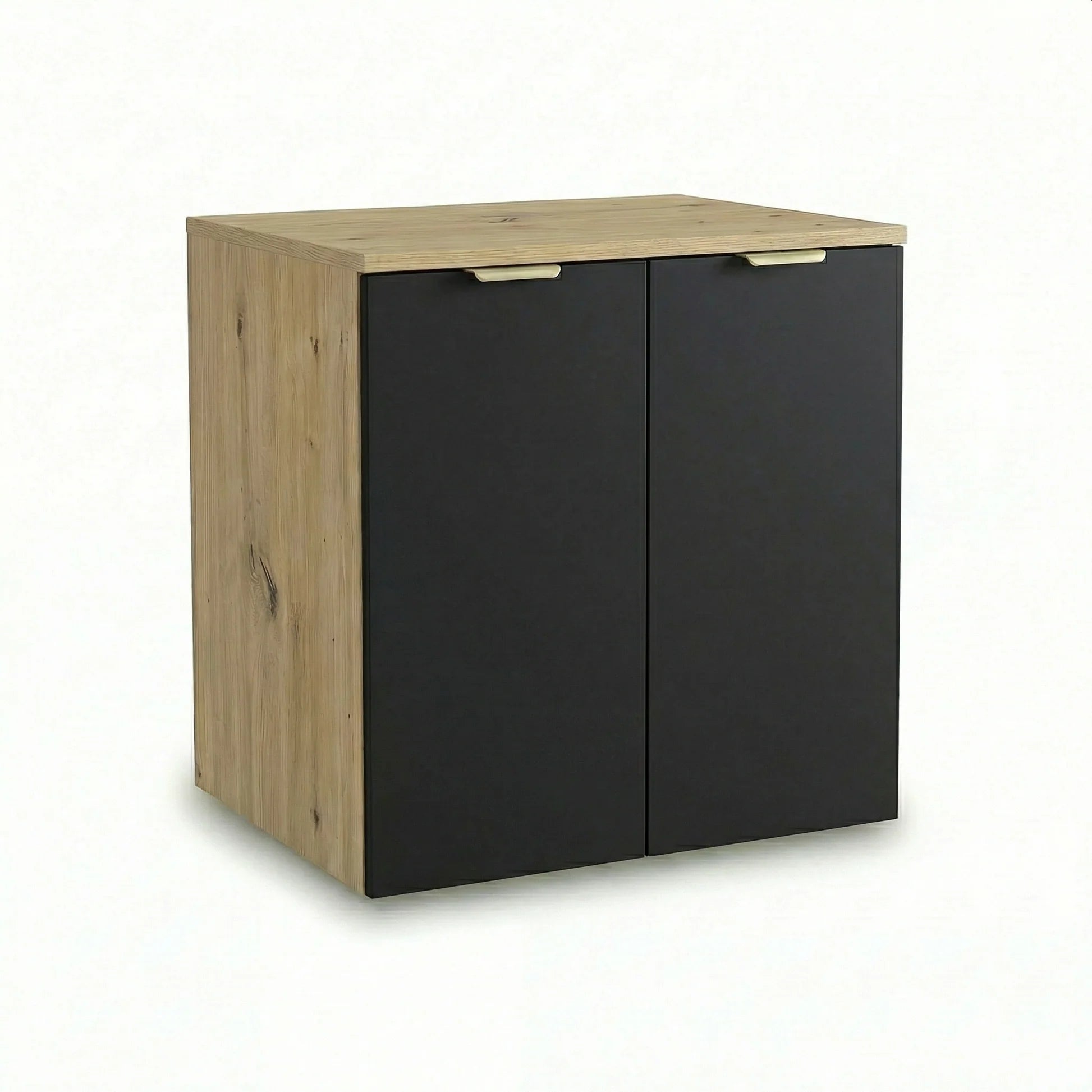 Dulap pentru lavoar Orio 60 cm Negru/Stejar Artizanal cu 2 uși și raft interior. Design modern, elegant și spațiu practic de depozitare pentru baie.