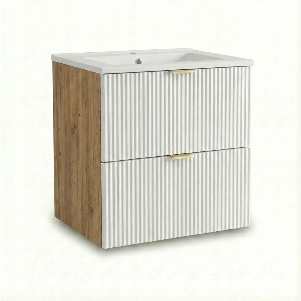 Dulap pentru lavoar Willy 60 cm Alb/Nuc cu chiuvetă ceramică inclusă, 2 sertare cu Soft-Close și fronturi canelate. Design modern, elegant și funcțional pentru orice baie.