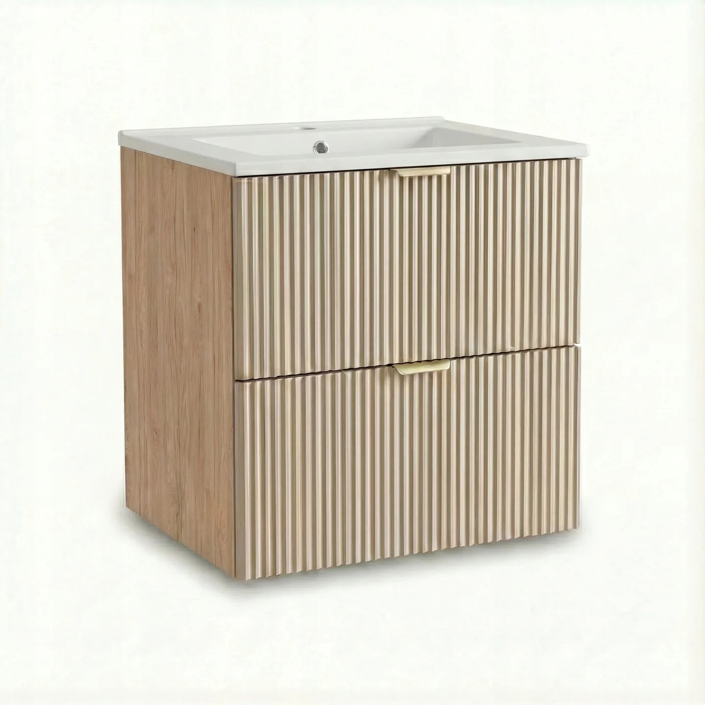 Dulap pentru lavoar Willy 60 cm Cașmir/Nuc cu chiuvetă ceramică inclusă, 2 sertare cu Soft-Close și fronturi canelate. Design modern, elegant și funcțional pentru baie.